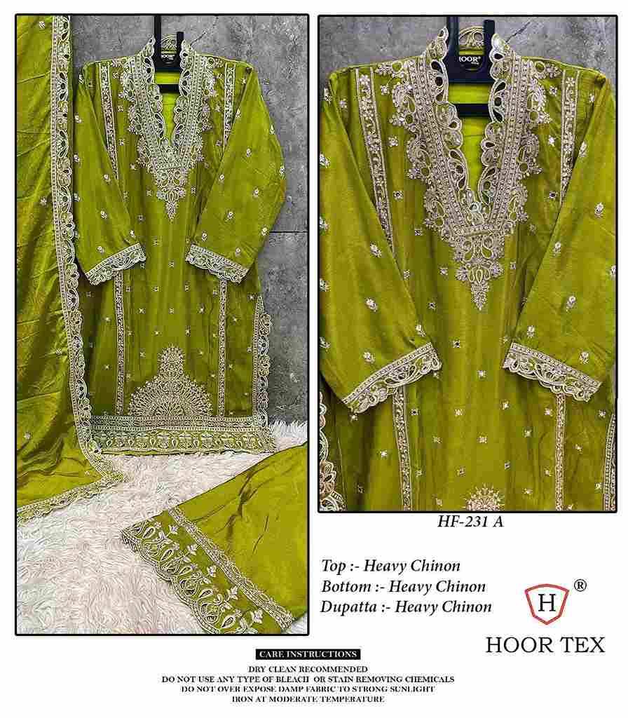 Hoor Tex Hit Design HF-231 Colours By Hoor Tex HF-231-A To HF-231-C Series Designer Festive Pakistani Suits Collection Beautiful Stylish Fancy Colorful Party Wear & Occasional Wear Heavy Chinnon Dresses At Wholesale Price
