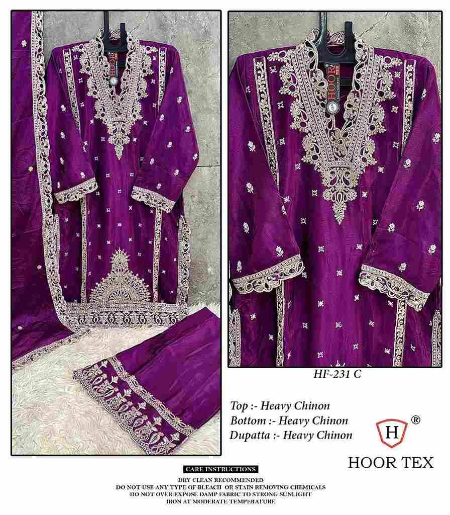Hoor Tex Hit Design HF-231 Colours By Hoor Tex HF-231-A To HF-231-C Series Designer Festive Pakistani Suits Collection Beautiful Stylish Fancy Colorful Party Wear & Occasional Wear Heavy Chinnon Dresses At Wholesale Price