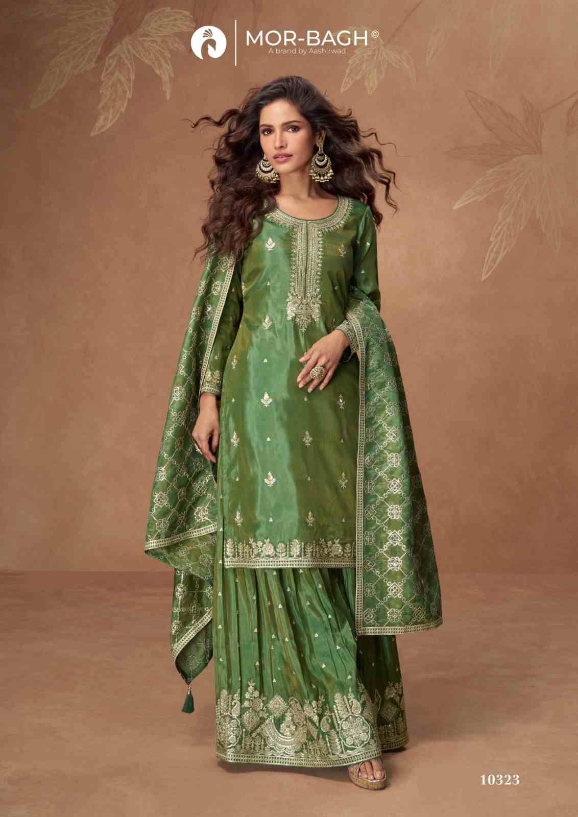 Radha By Mor-Bagh 10320 To 10323 Series Beautiful Stylish Sharara Suits Fancy Colorful Casual Wear & Ethnic Wear & Ready To Wear Premium Simar Silk Dresses At Wholesale Price