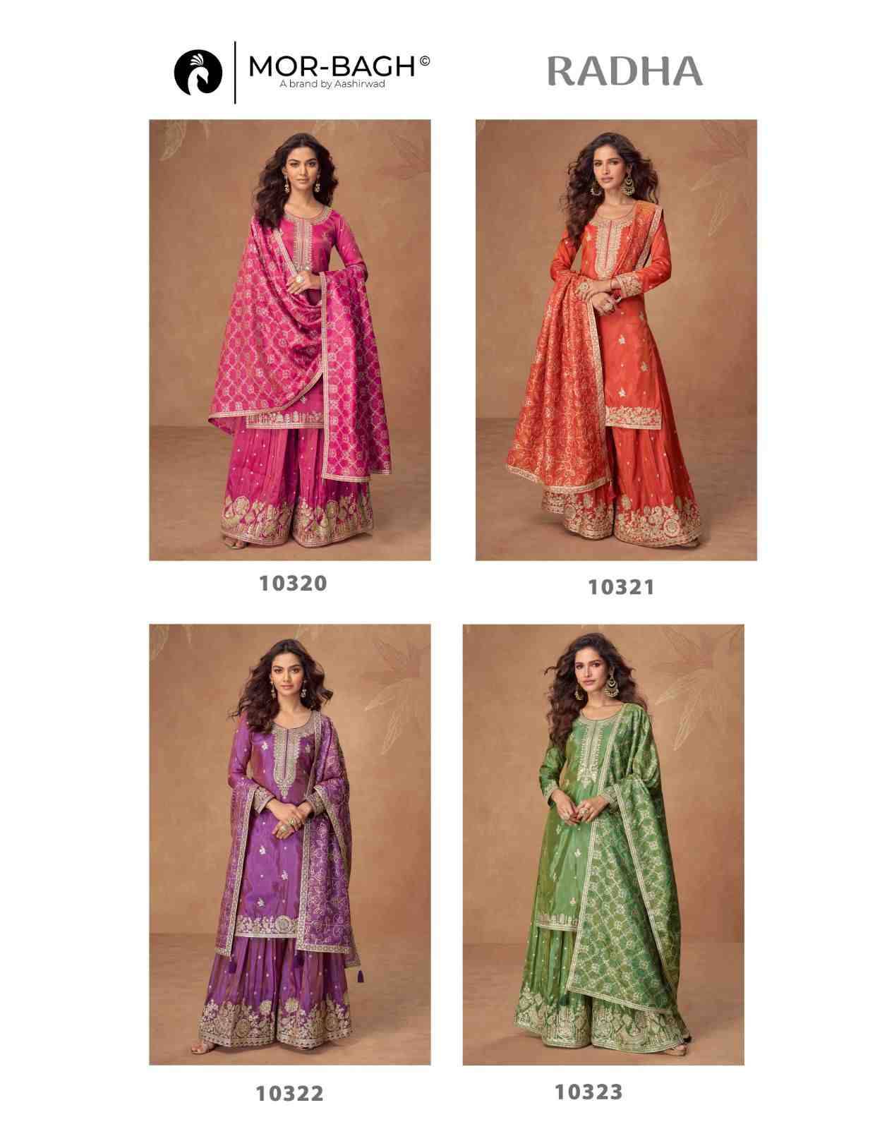 Radha By Mor-Bagh 10320 To 10323 Series Beautiful Stylish Sharara Suits Fancy Colorful Casual Wear & Ethnic Wear & Ready To Wear Premium Simar Silk Dresses At Wholesale Price