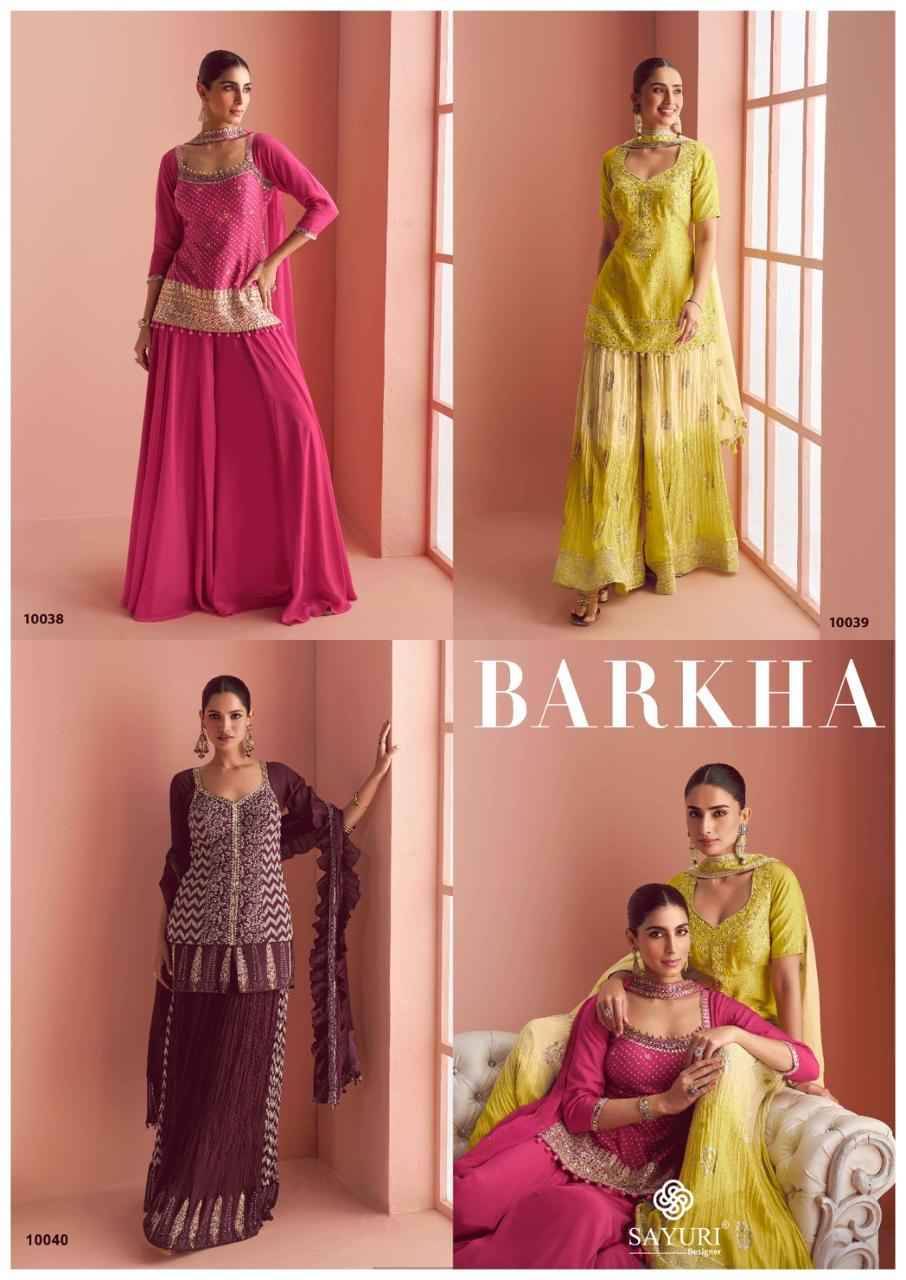 Barkha By Sayuri 10038 To 10040 Series Designer Sharara Suits Beautiful Fancy Colorful Stylish Party Wear & Occasional Wear Heavy Chinnon Silk Dresses At Wholesale Price