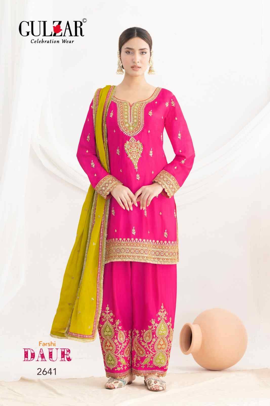 Daur By Gulzar 2641 To 2644 Series Beautiful Sharara Suits Colorful Stylish Fancy Casual Wear & Ethnic Wear Chinnon Dresses At Wholesale Price