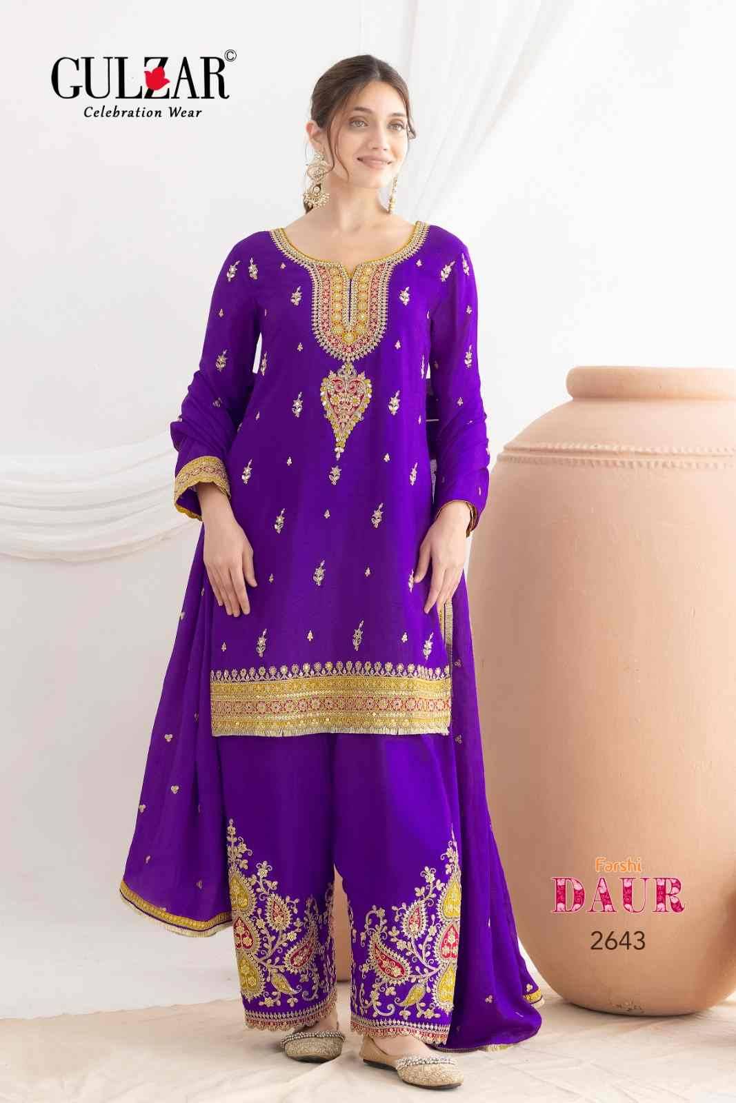 Daur By Gulzar 2641 To 2644 Series Beautiful Sharara Suits Colorful Stylish Fancy Casual Wear & Ethnic Wear Chinnon Dresses At Wholesale Price