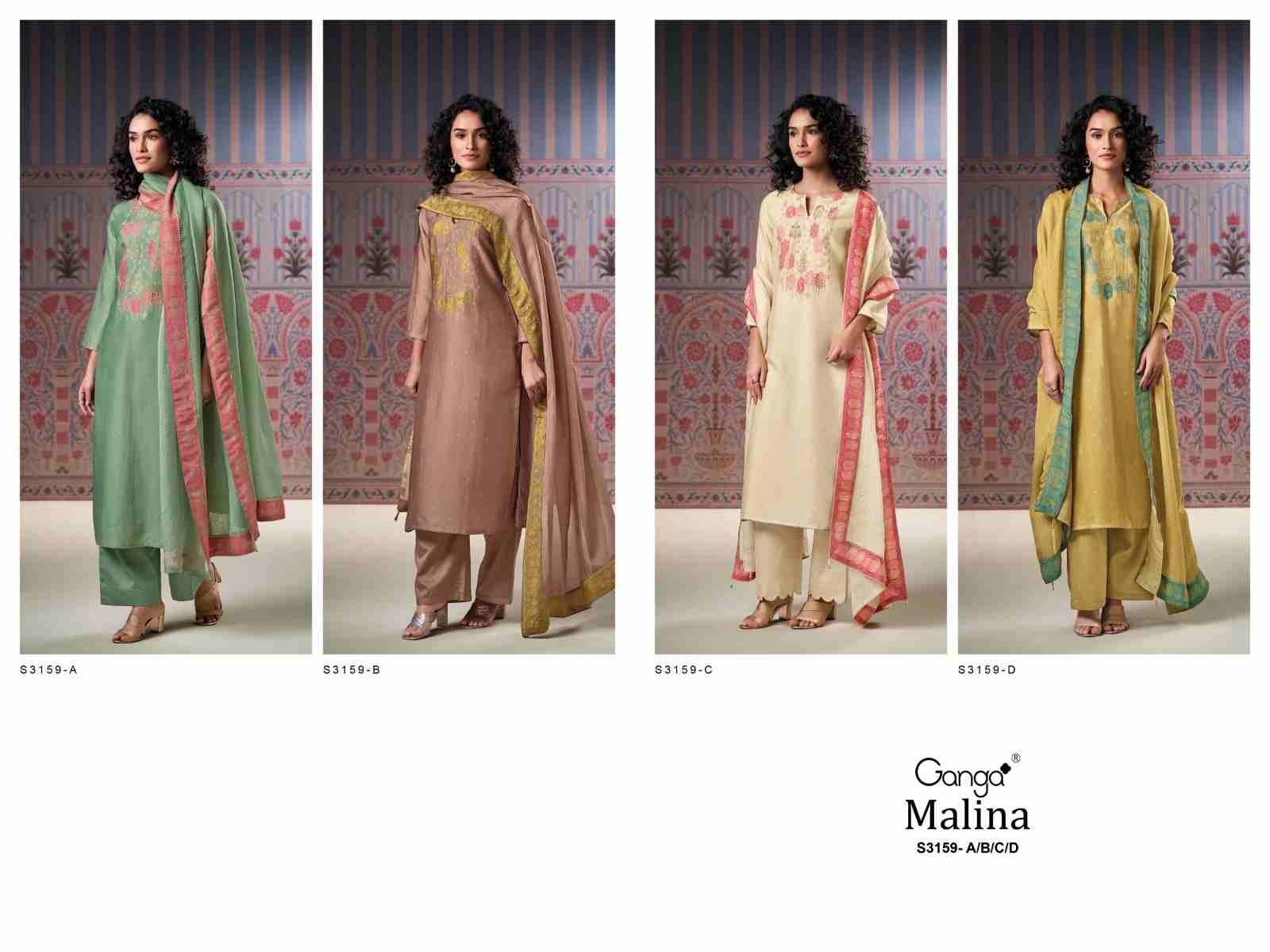 Malina-3159 By Ganga Fashion 3159-A To 3159-D Series Beautiful Festive Suits Colorful Stylish Fancy Casual Wear & Ethnic Wear Pure Bemberg Silk Jacquard Dresses At Wholesale Price