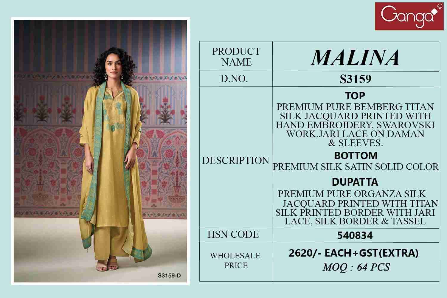 Malina-3159 By Ganga Fashion 3159-A To 3159-D Series Beautiful Festive Suits Colorful Stylish Fancy Casual Wear & Ethnic Wear Pure Bemberg Silk Jacquard Dresses At Wholesale Price