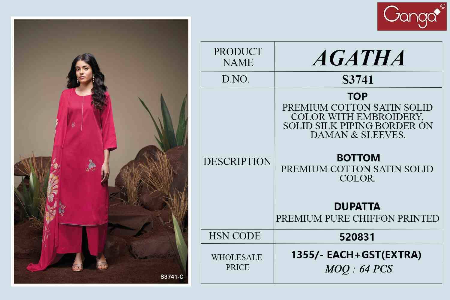 Agatha-3741 By Ganga Fashion 3741-A To 3741-D Series Beautiful Festive Suits Colorful Stylish Fancy Casual Wear & Ethnic Wear Pure Cotton Satin Dresses At Wholesale Price