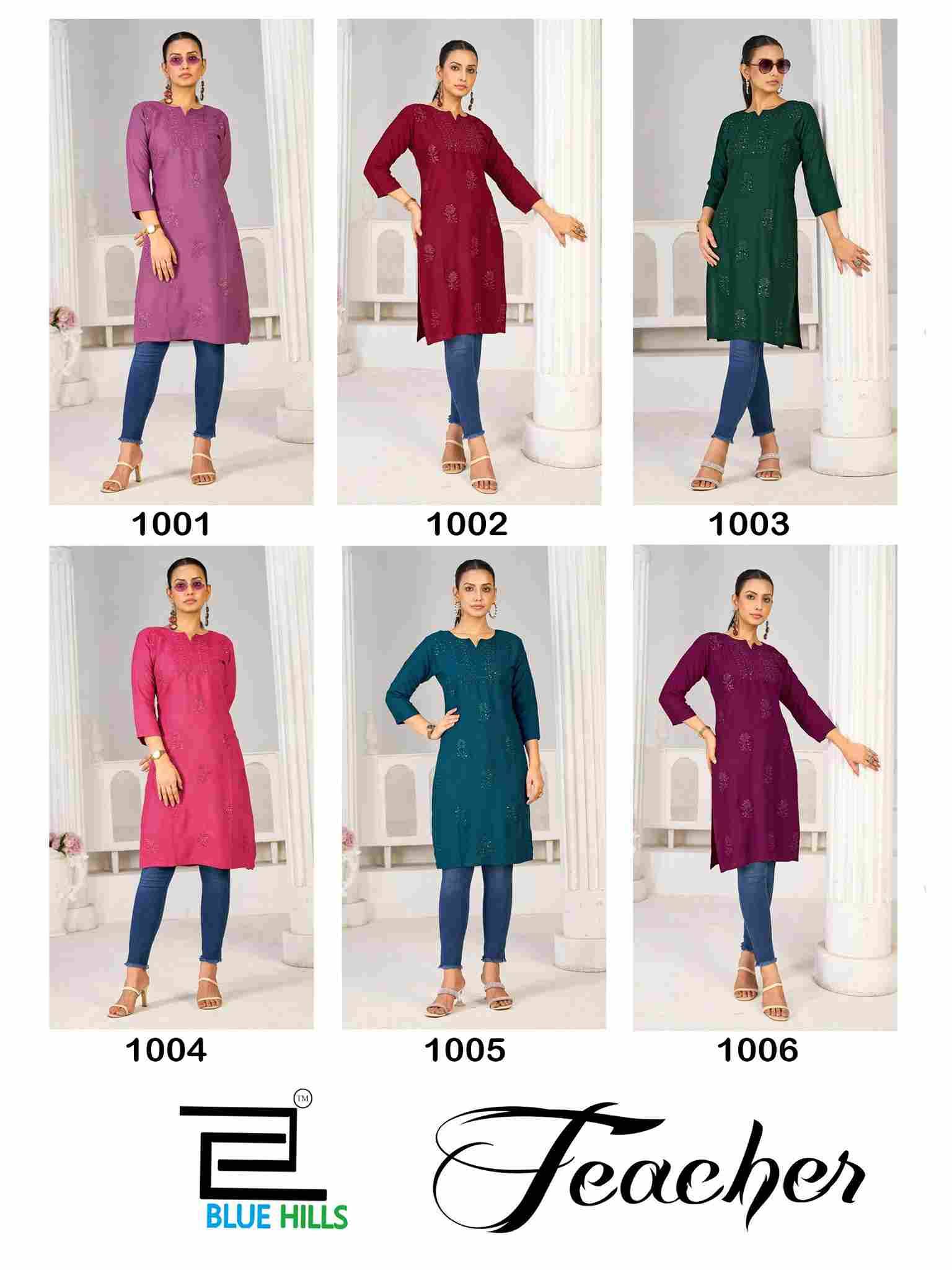 Teacher By Blue Hills 1001 To 1006 Series Designer Stylish Fancy Colorful Beautiful Party Wear & Ethnic Wear Collection Rayon Kurtis At Wholesale Price