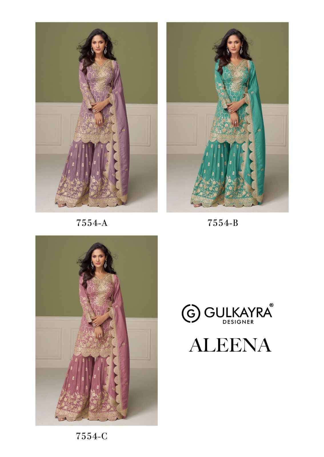 Aleena By Gulkayra Designer 7554-A To 7554-C Series Designer Sharara Suits Collection Beautiful Stylish Fancy Colorful Party Wear & Occasional Wear Simar Silk Dresses At Wholesale Price