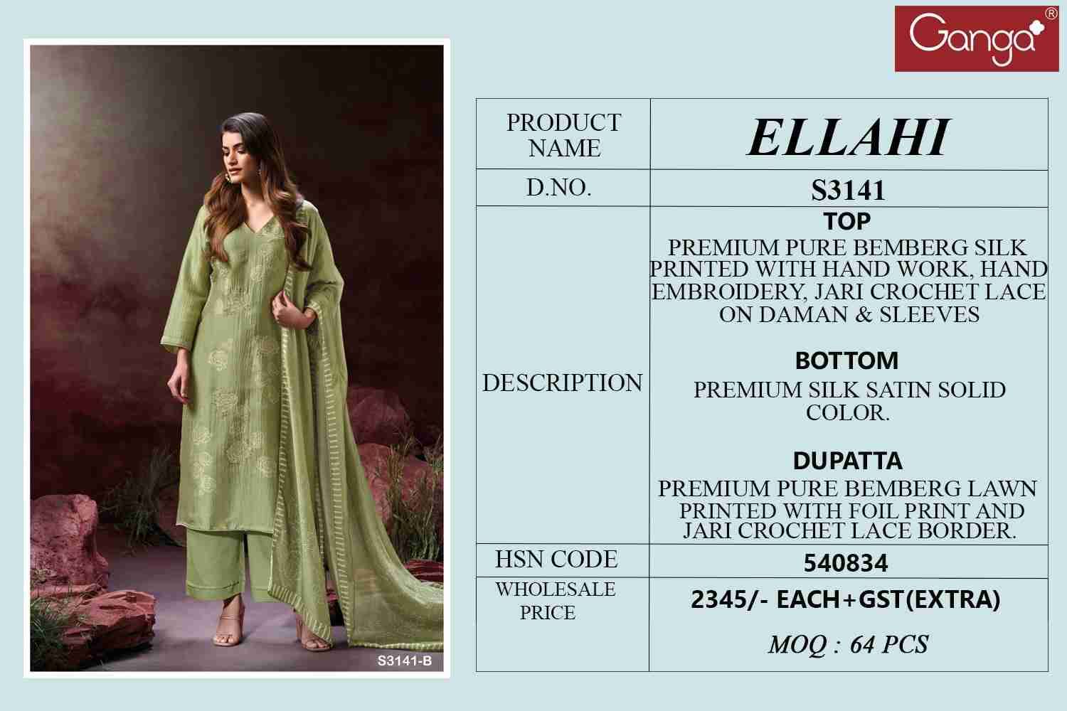 Ellahi-3141 By Ganga Fashion 3141-A To 3141-D Series Beautiful Festive Suits Colorful Stylish Fancy Casual Wear & Ethnic Wear Pure Bemberg Silk Dresses At Wholesale Price