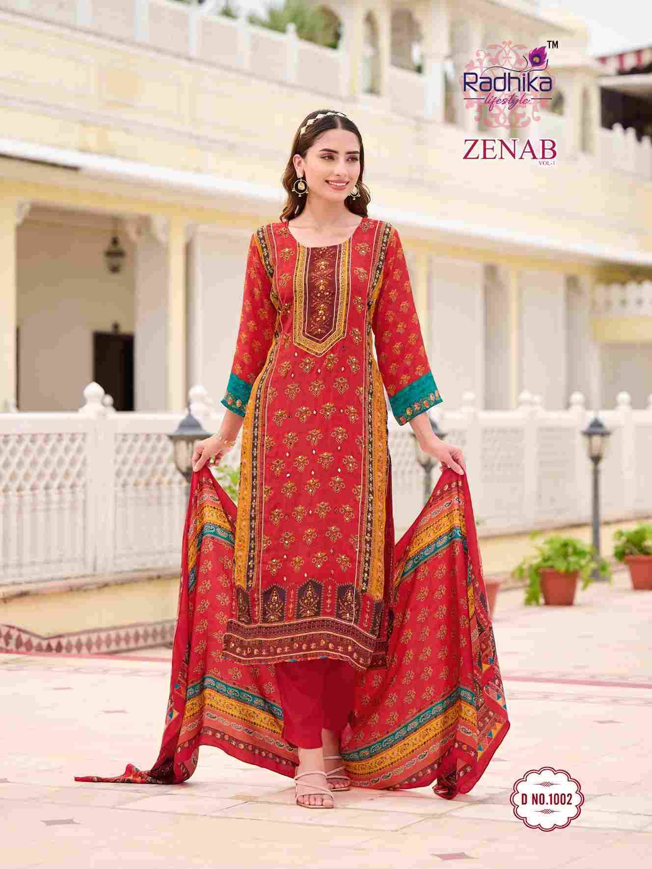 Zenab Vol-1 By Radhika Lifestyle 1001 To 1006 Series Beautiful Festive Suits Colorful Stylish Fancy Casual Wear & Ethnic Wear Natural Crepe Dresses At Wholesale Price