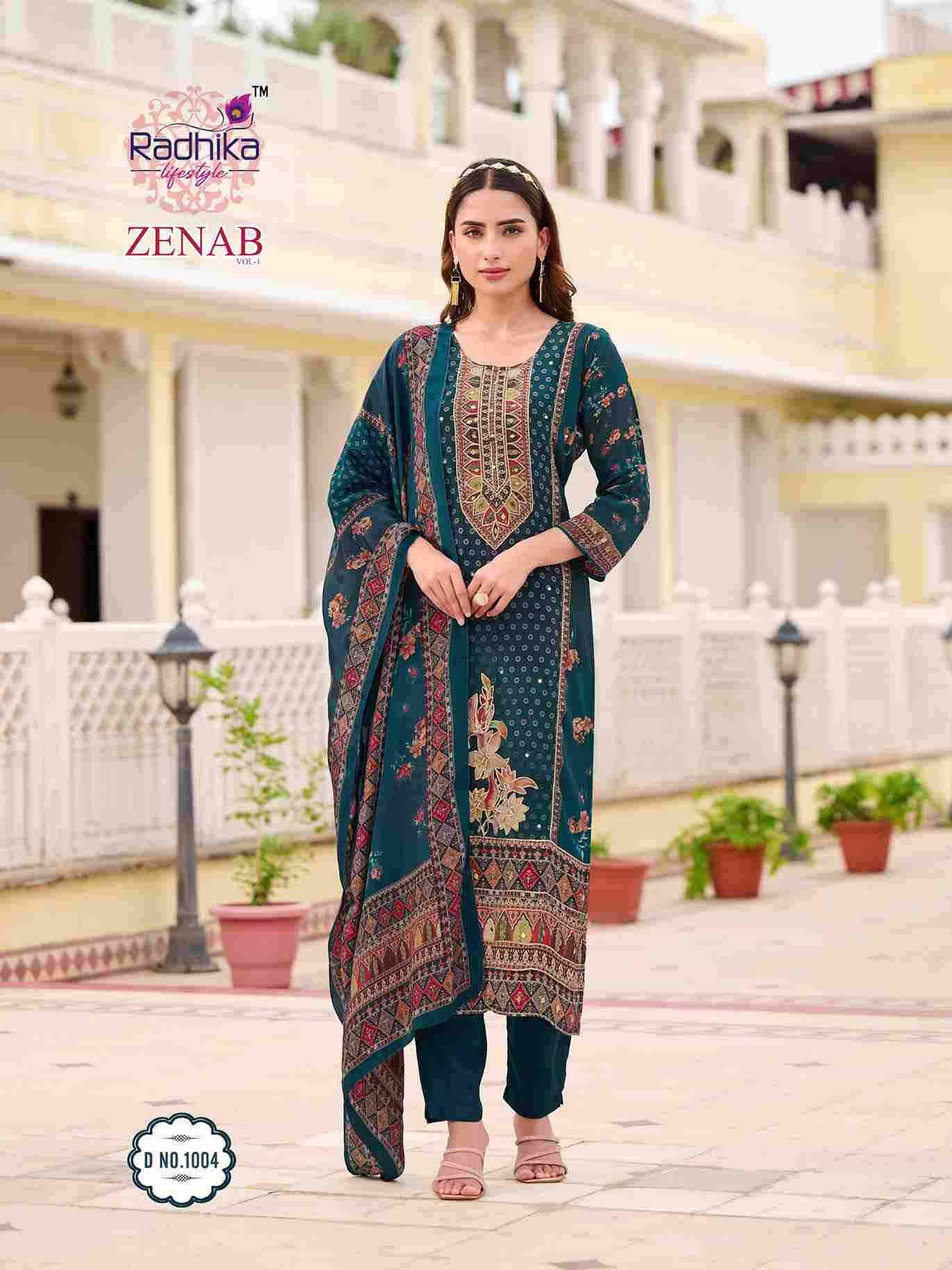 Zenab Vol-1 By Radhika Lifestyle 1001 To 1006 Series Beautiful Festive Suits Colorful Stylish Fancy Casual Wear & Ethnic Wear Natural Crepe Dresses At Wholesale Price