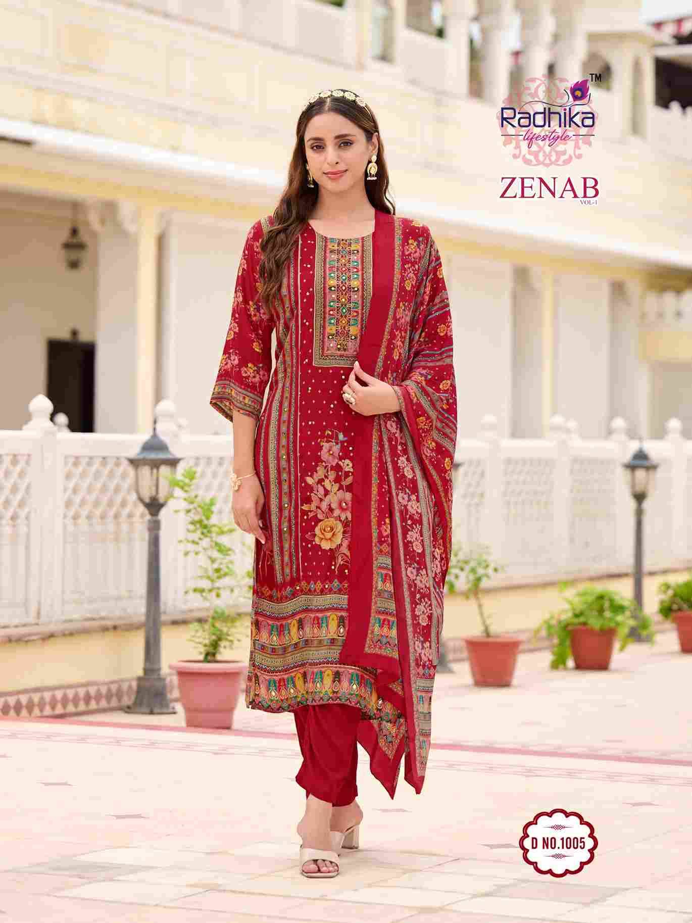 Zenab Vol-1 By Radhika Lifestyle 1001 To 1006 Series Beautiful Festive Suits Colorful Stylish Fancy Casual Wear & Ethnic Wear Natural Crepe Dresses At Wholesale Price