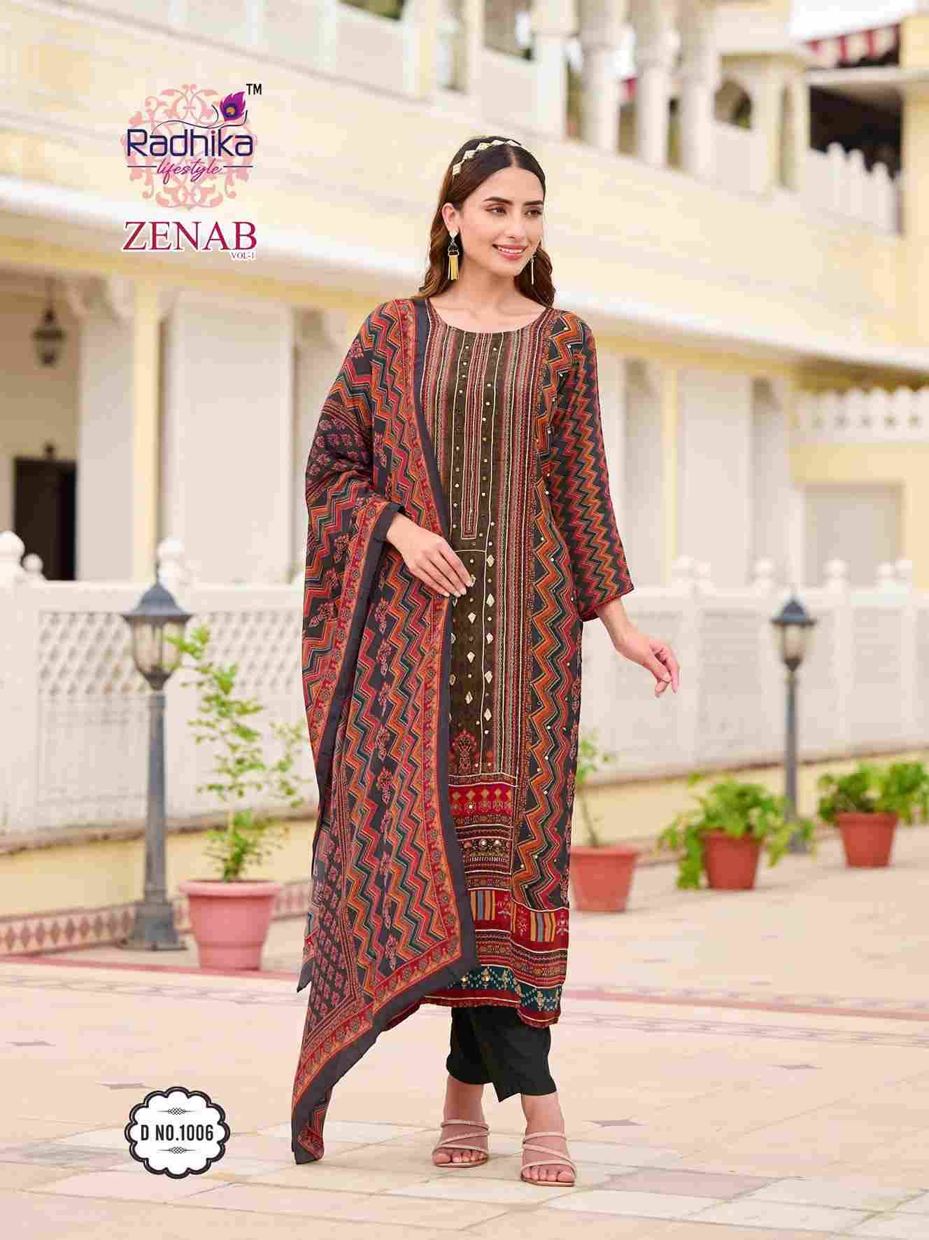 Zenab Vol-1 By Radhika Lifestyle 1001 To 1006 Series Beautiful Festive Suits Colorful Stylish Fancy Casual Wear & Ethnic Wear Natural Crepe Dresses At Wholesale Price