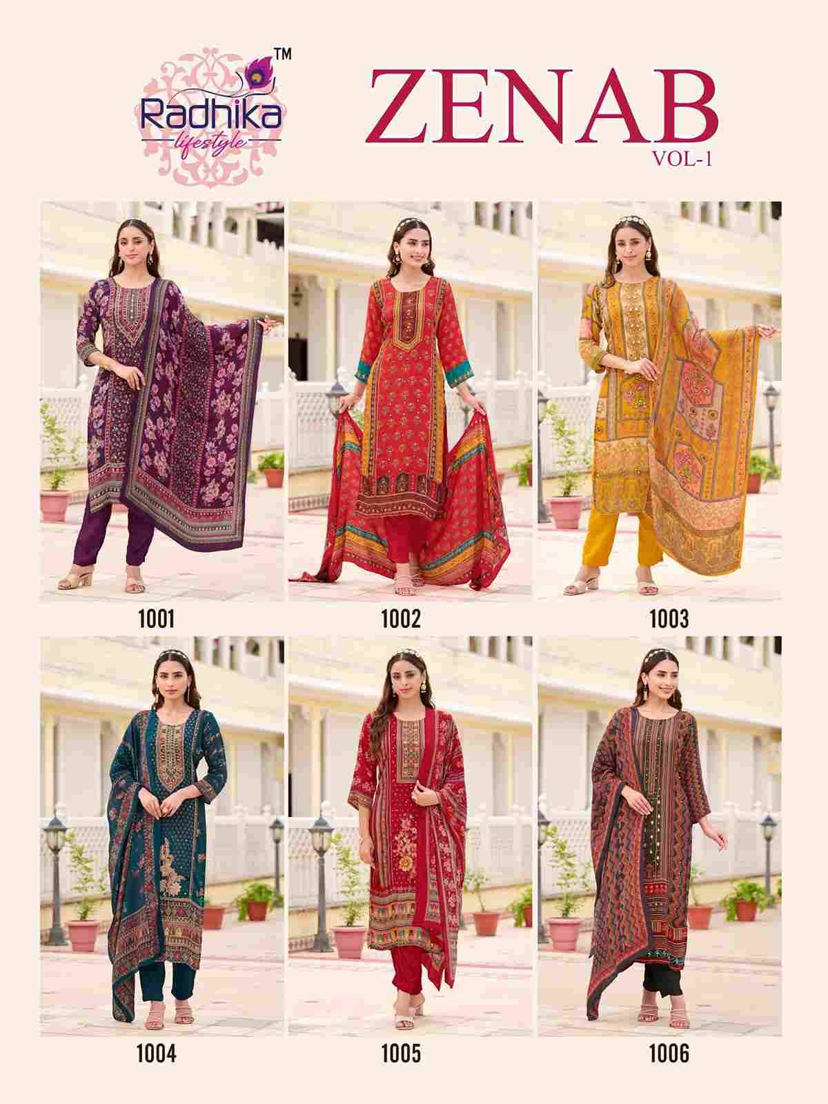 Zenab Vol-1 By Radhika Lifestyle 1001 To 1006 Series Beautiful Festive Suits Colorful Stylish Fancy Casual Wear & Ethnic Wear Natural Crepe Dresses At Wholesale Price