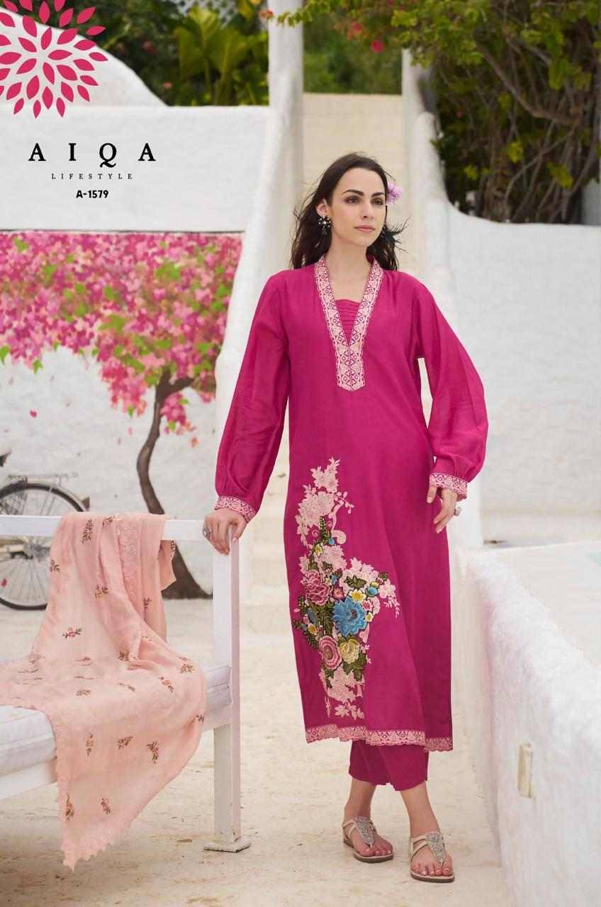 Florence By Aiqa 1579 To 1585 Series Beautiful Festive Suits Colorful Stylish Fancy Casual Wear & Ethnic Wear Pure Bemberg Linen Silk With Work Dresses At Wholesale Price