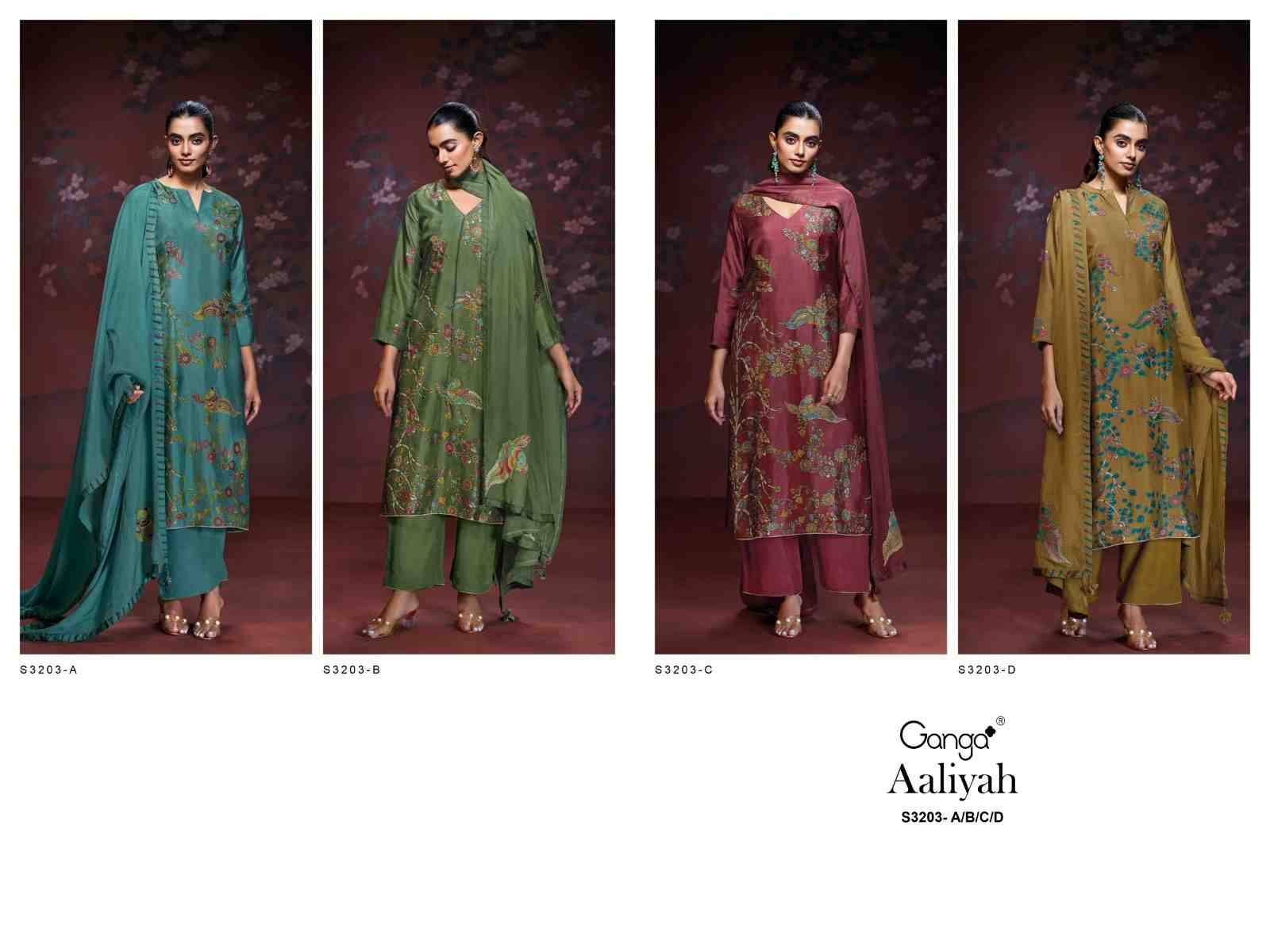 Aaliyah-3203 By Ganga Fashion 3203-A To 3203-D Series Beautiful Festive Suits Colorful Stylish Fancy Casual Wear & Ethnic Wear Pure Bemberg Silk Print Dresses At Wholesale Price