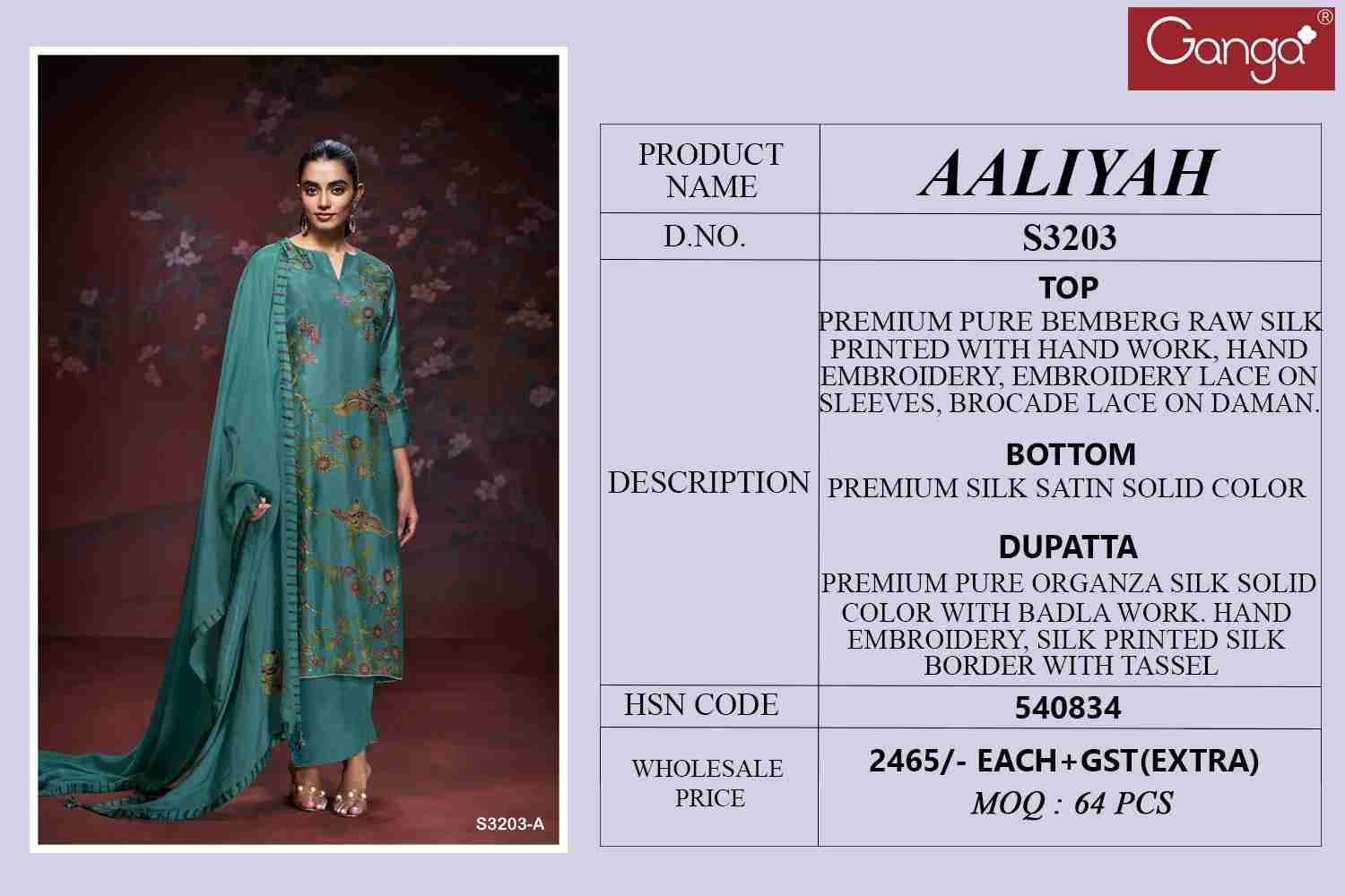 Aaliyah-3203 By Ganga Fashion 3203-A To 3203-D Series Beautiful Festive Suits Colorful Stylish Fancy Casual Wear & Ethnic Wear Pure Bemberg Silk Print Dresses At Wholesale Price