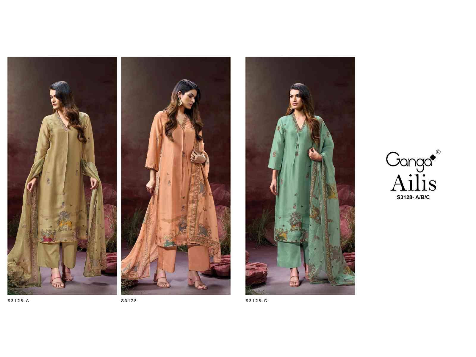 Ailis-3128 By Ganga Fashion 3128-A To 3128-C Series Beautiful Festive Suits Colorful Stylish Fancy Casual Wear & Ethnic Wear Pure Bemberg Silk Dresses At Wholesale Price