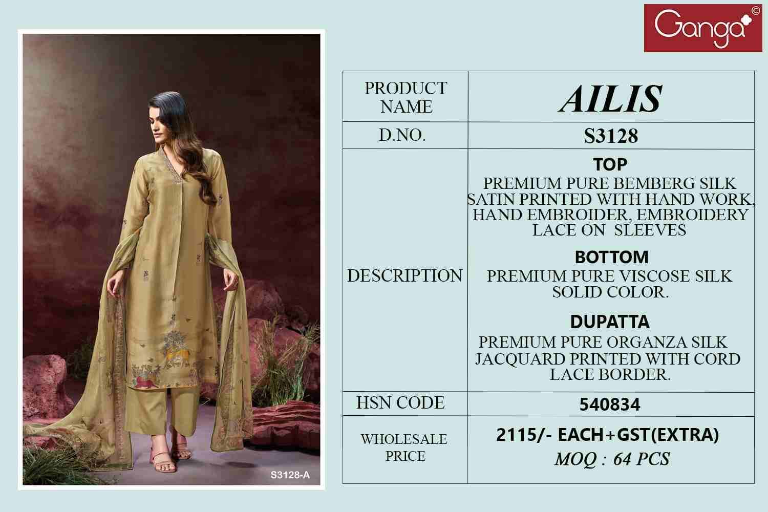Ailis-3128 By Ganga Fashion 3128-A To 3128-C Series Beautiful Festive Suits Colorful Stylish Fancy Casual Wear & Ethnic Wear Pure Bemberg Silk Dresses At Wholesale Price