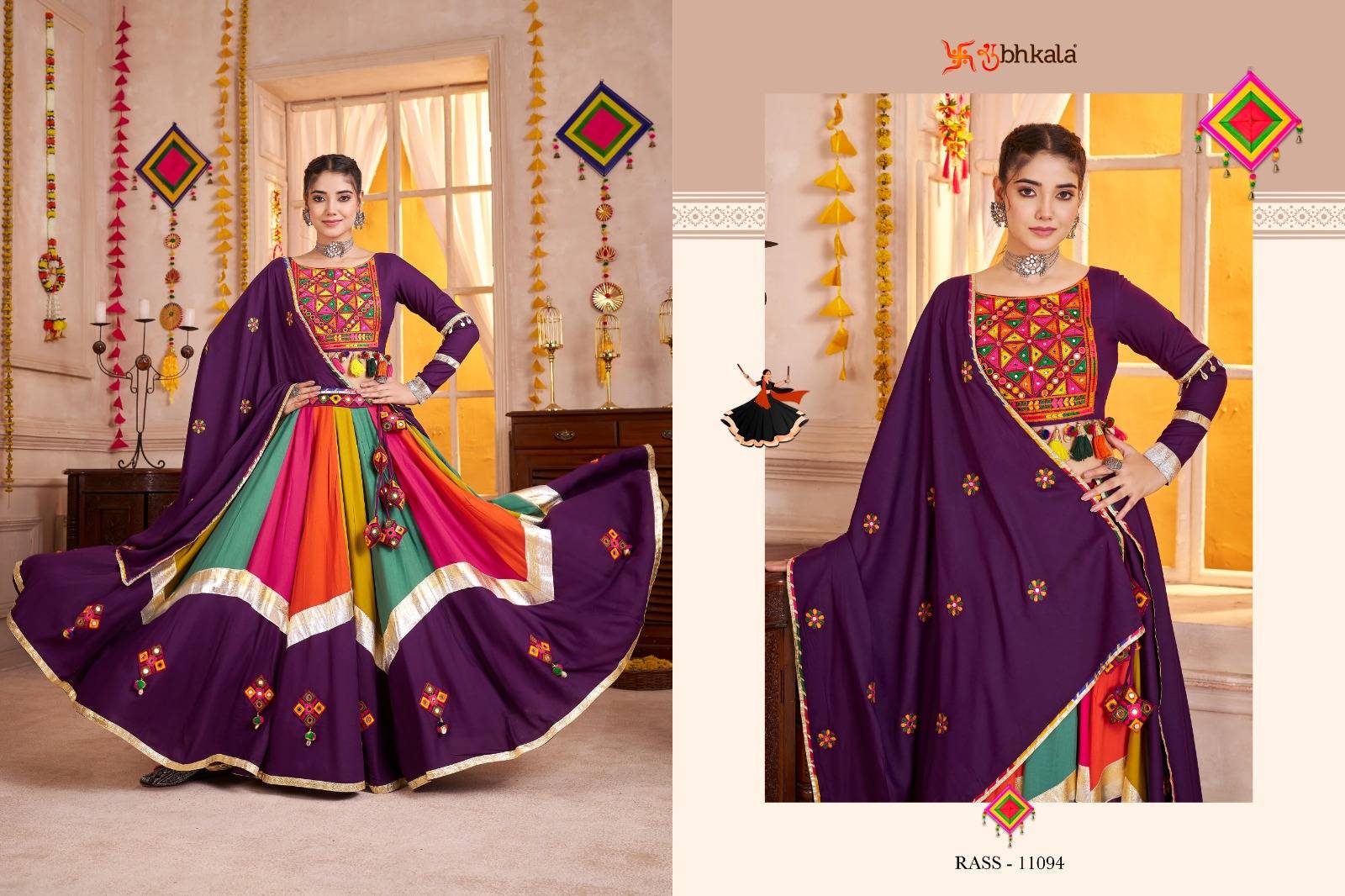 Raas Vol-28 By Shubhkala 11091 To 11094 Series Navratri Wear Collection Beautiful Stylish Colorful Fancy Party Wear & Occasional Wear Viscose Cotton Lehengas At Wholesale Price
