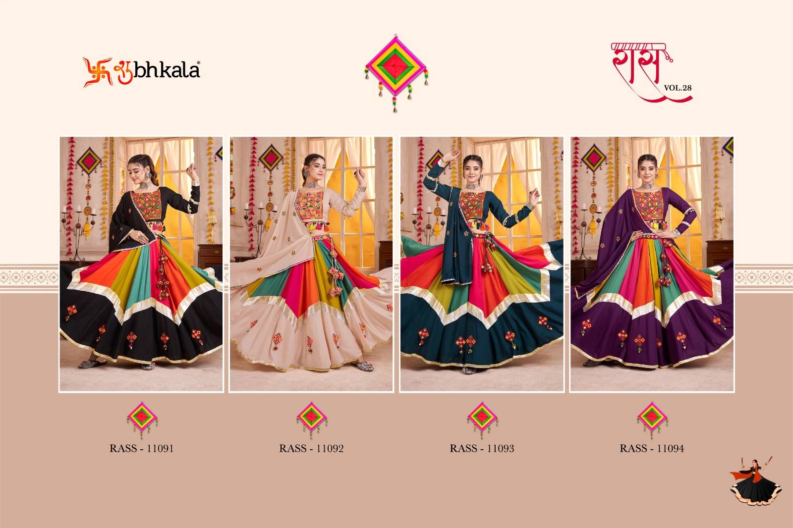 Raas Vol-28 By Shubhkala 11091 To 11094 Series Navratri Wear Collection Beautiful Stylish Colorful Fancy Party Wear & Occasional Wear Viscose Cotton Lehengas At Wholesale Price