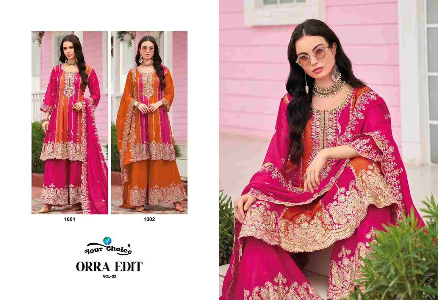 Orra Edit Vol-3 By Your Choice 1001 To 1002 Series Designer Sharara Suits Collection Beautiful Stylish Fancy Colorful Party Wear & Occasional Wear Chinnon Dresses At Wholesale Price