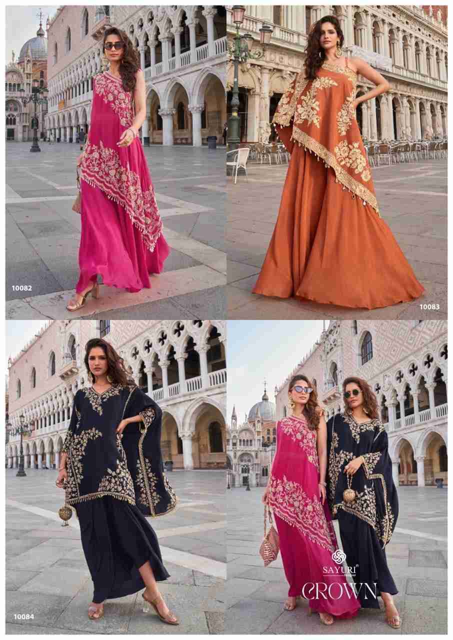 Crown By Sayuri 10082 To 10084 Series Designer Beautiful Festive Collection Occasional Wear & Party Wear Pure Crepe Crop Top With Bottom At Wholesale Price