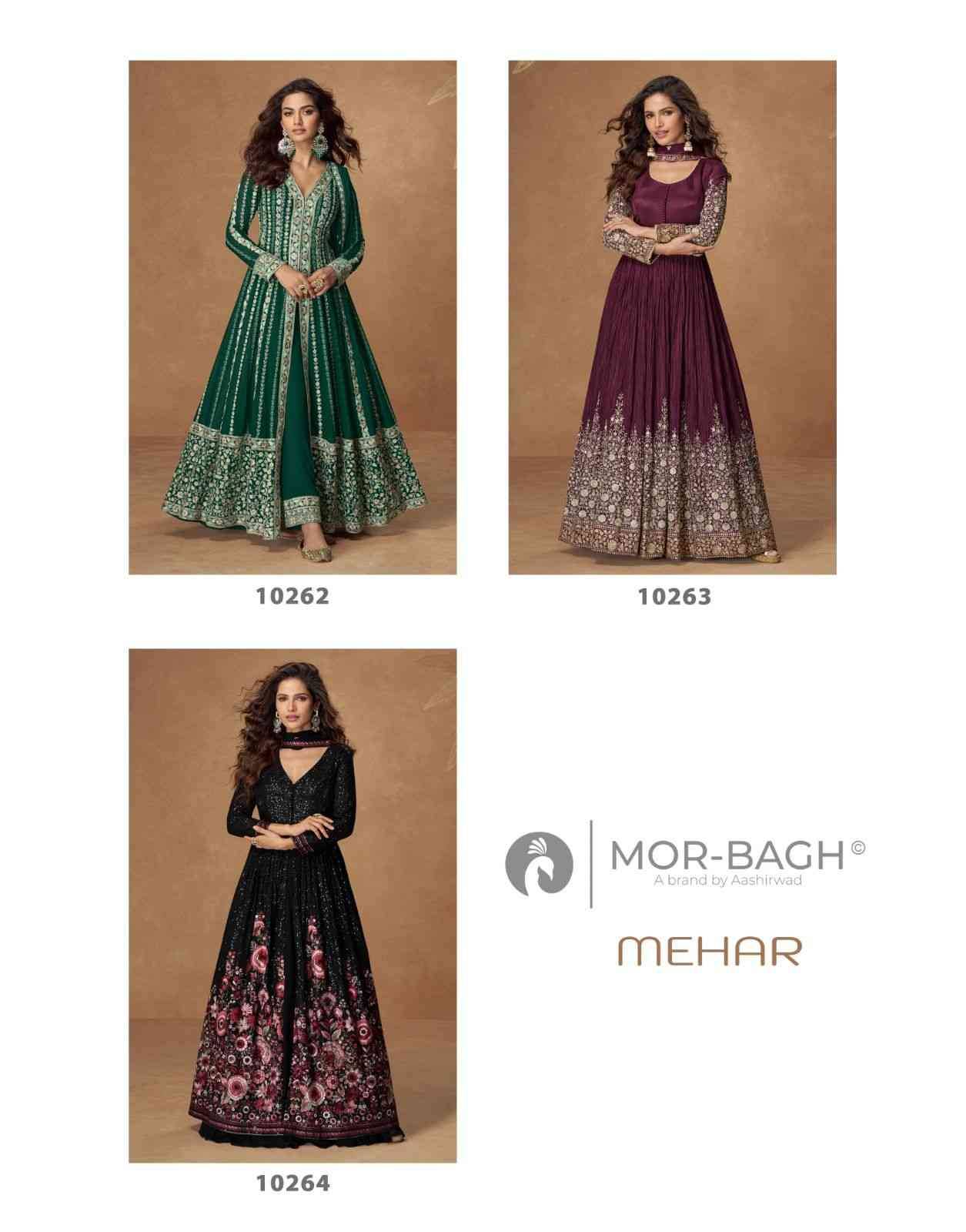 Mehar By Mor-Bagh 10262 To 10264 Series Designer Anarkali Suits Beautiful Fancy Colorful Stylish Party Wear & Occasional Wear Chinnon Silk/Georgette Dresses At Wholesale Price