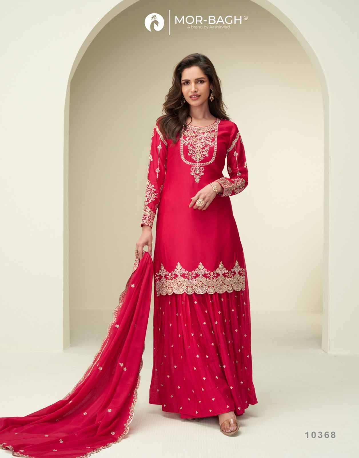 Garima By Mor-Bagh 10368 To 10370 Series Beautiful Stylish Sharara Suits Fancy Colorful Casual Wear & Ethnic Wear & Ready To Wear Premium Chinnon Silk Dresses At Wholesale Price