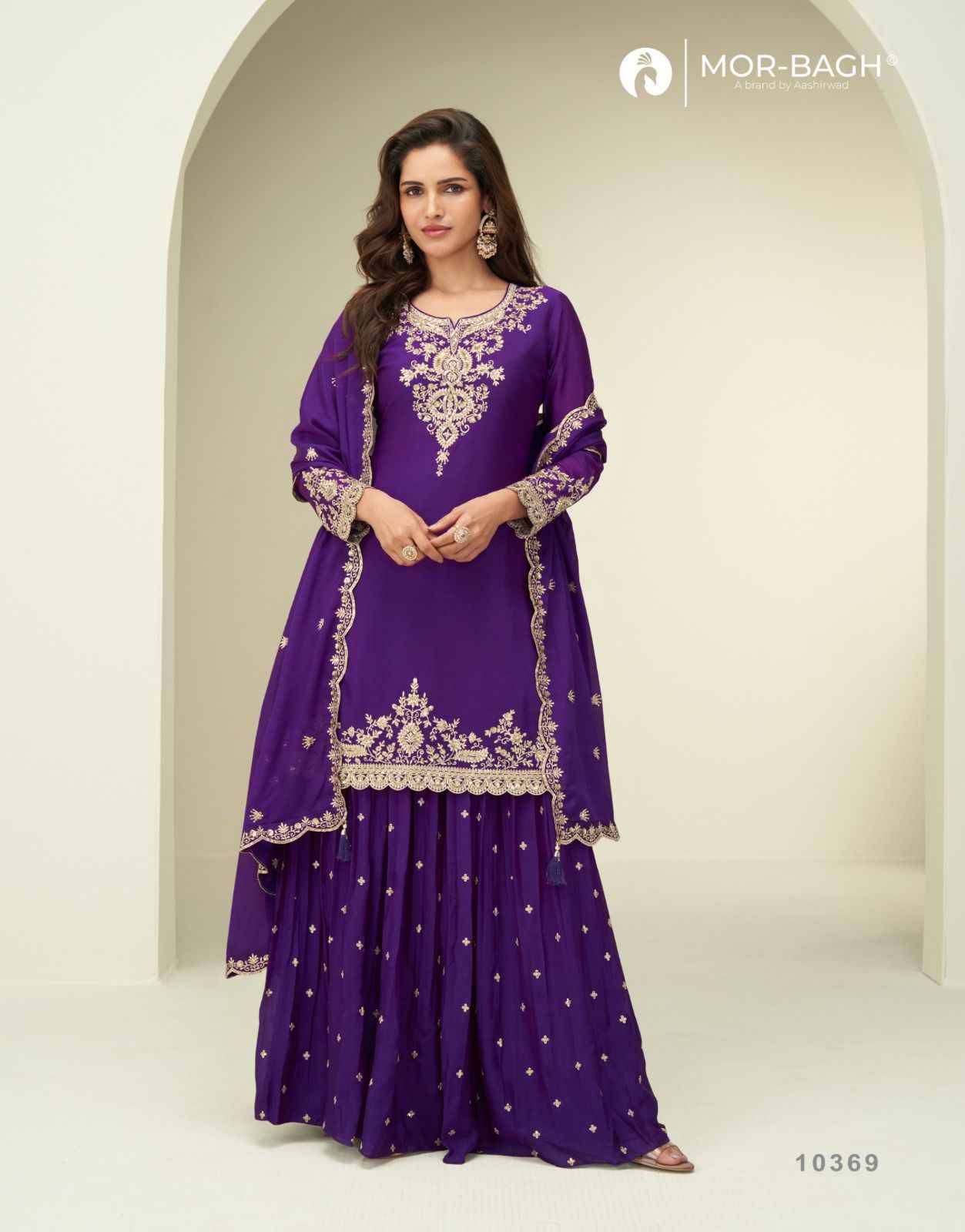 Garima By Mor-Bagh 10368 To 10370 Series Beautiful Stylish Sharara Suits Fancy Colorful Casual Wear & Ethnic Wear & Ready To Wear Premium Chinnon Silk Dresses At Wholesale Price