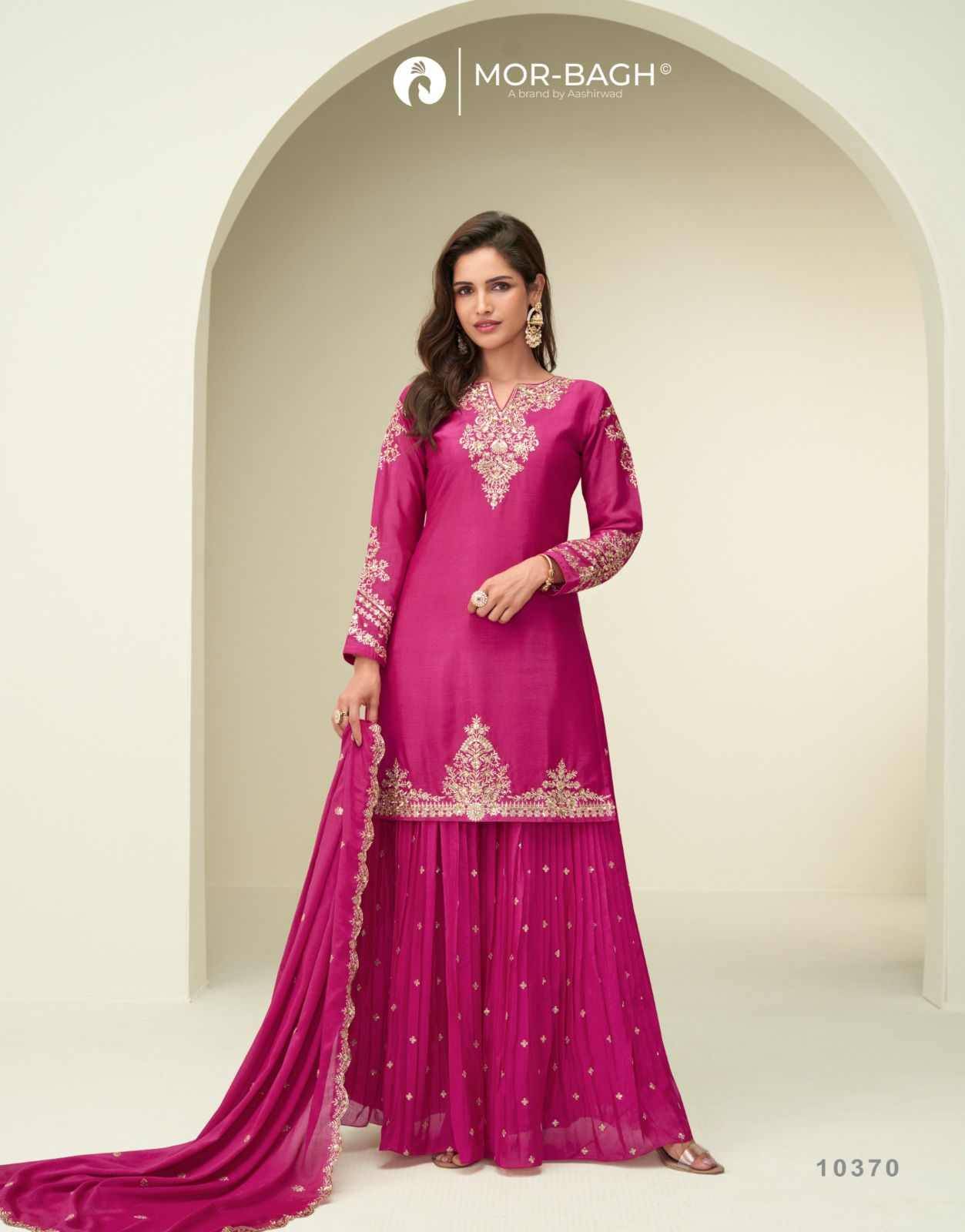 Garima By Mor-Bagh 10368 To 10370 Series Beautiful Stylish Sharara Suits Fancy Colorful Casual Wear & Ethnic Wear & Ready To Wear Premium Chinnon Silk Dresses At Wholesale Price