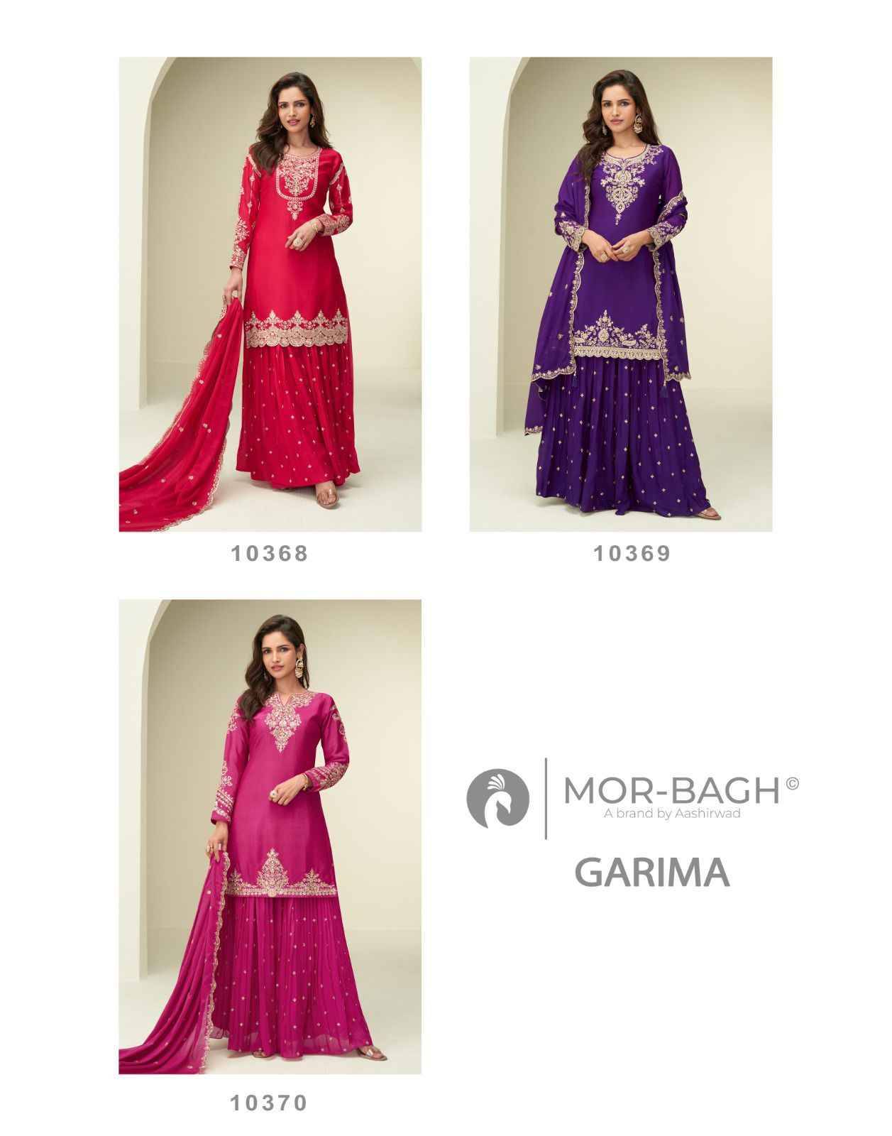 Garima By Mor-Bagh 10368 To 10370 Series Beautiful Stylish Sharara Suits Fancy Colorful Casual Wear & Ethnic Wear & Ready To Wear Premium Chinnon Silk Dresses At Wholesale Price