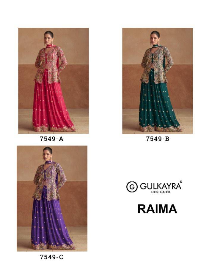 Raima By Gulkayra Designer 7549-A To 7549-C Series Beautiful Stylish Festive Suits Fancy Colorful Casual Wear & Ethnic Wear & Ready To Wear Premium Chinnon Dresses At Wholesale Price