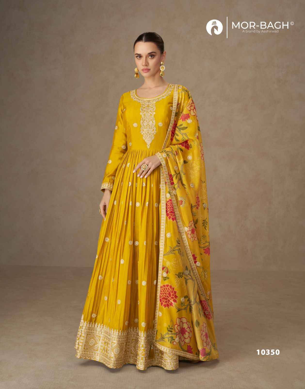 Anmol By Mor-Bagh 10350 To 10352 Series Designer Beautiful Collection Occasional Wear & Party Wear Chinnon Silk Gowns With Dupatta At Wholesale Price