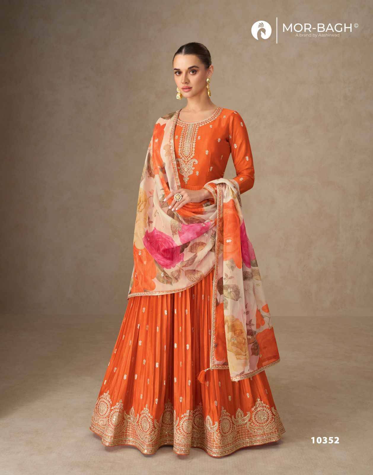 Anmol By Mor-Bagh 10350 To 10352 Series Designer Beautiful Collection Occasional Wear & Party Wear Chinnon Silk Gowns With Dupatta At Wholesale Price
