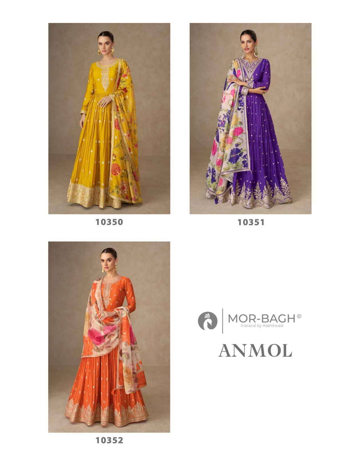 Anmol By Mor-Bagh 10350 To 10352 Series Designer Beautiful Collection Occasional Wear & Party Wear Chinnon Silk Gowns With Dupatta At Wholesale Price