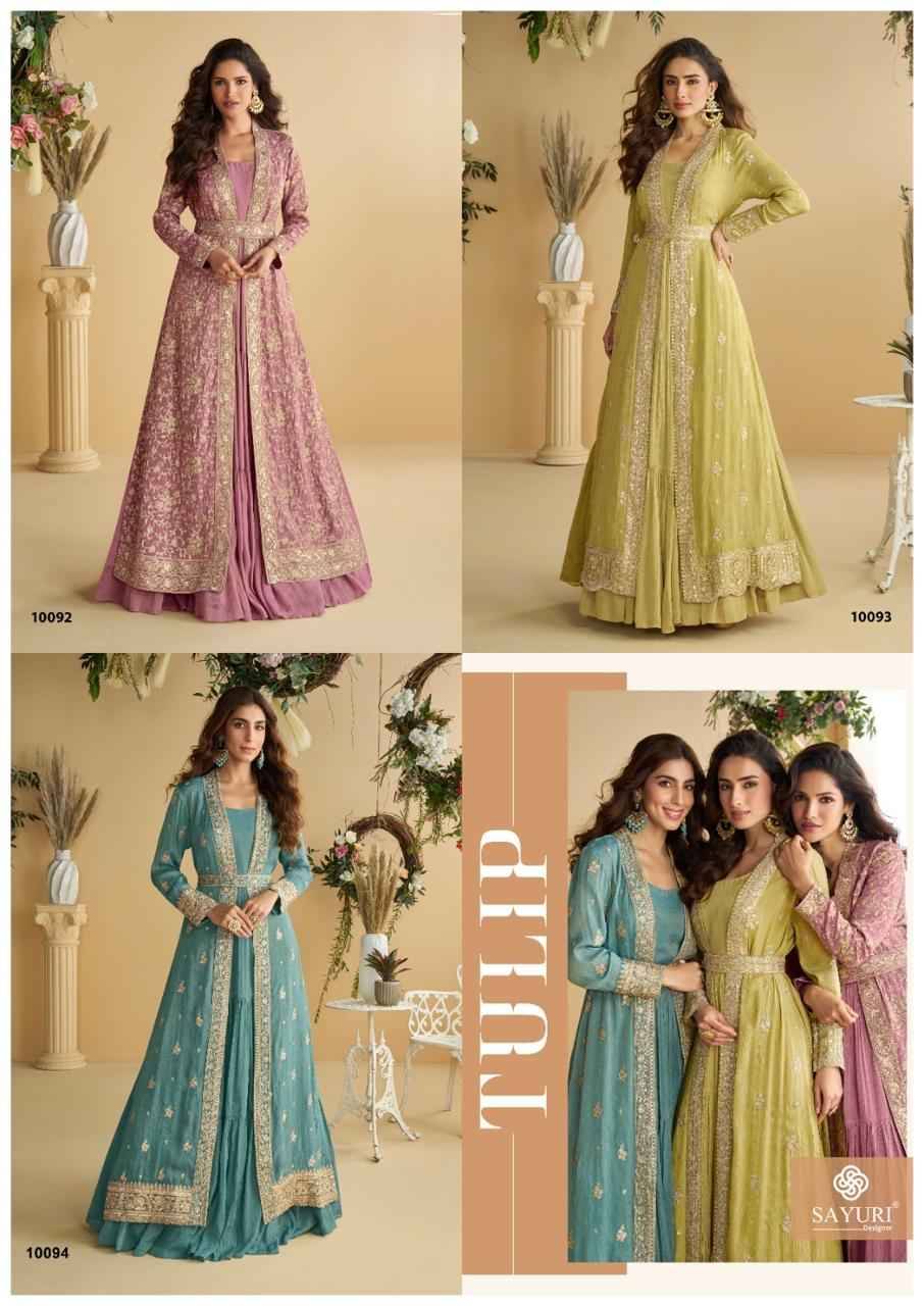 Tulip By Sayuri 10092 To 10094 Series Designer Beautiful Collection Occasional Wear & Party Wear Chinnon Silk Gowns With Jacket At Wholesale Price