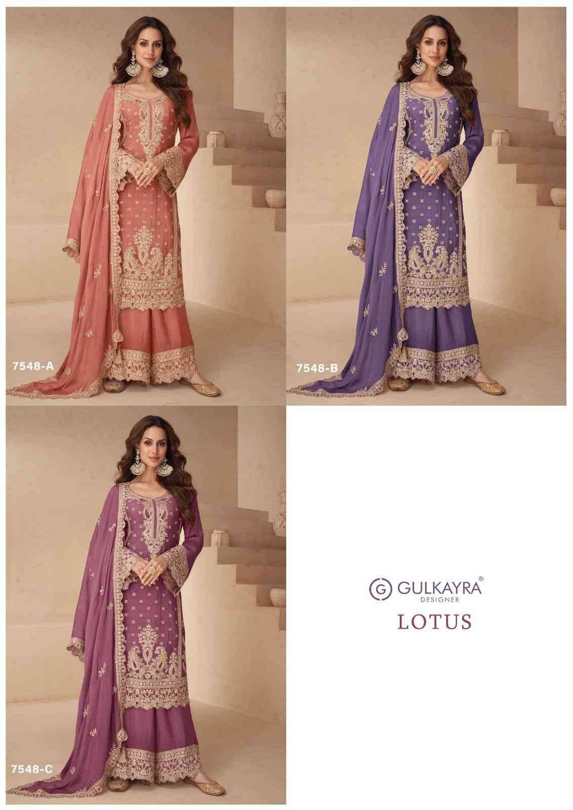 Lotus By Gulkayra Designer 7548-A To 7548-C Series Designer Sharara Suits Collection Beautiful Stylish Fancy Colorful Party Wear & Occasional Wear Chinnon Dresses At Wholesale Price