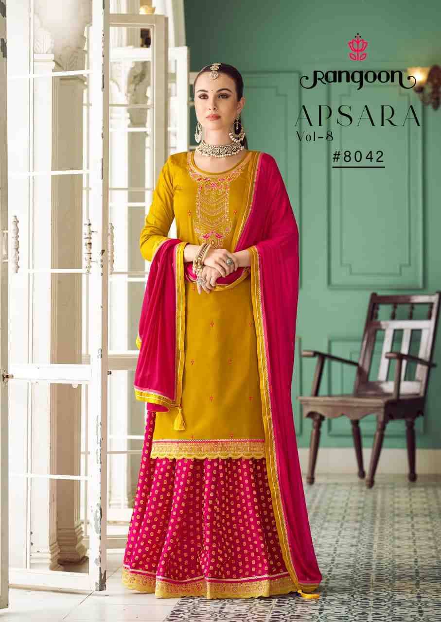 Apsara Vol-8 By Rangoon 8041 To 8046 Series Designer Sharara Suits Collection Beautiful Stylish Fancy Colorful Party Wear & Occasional Wear Jam Silk Dresses At Wholesale Price