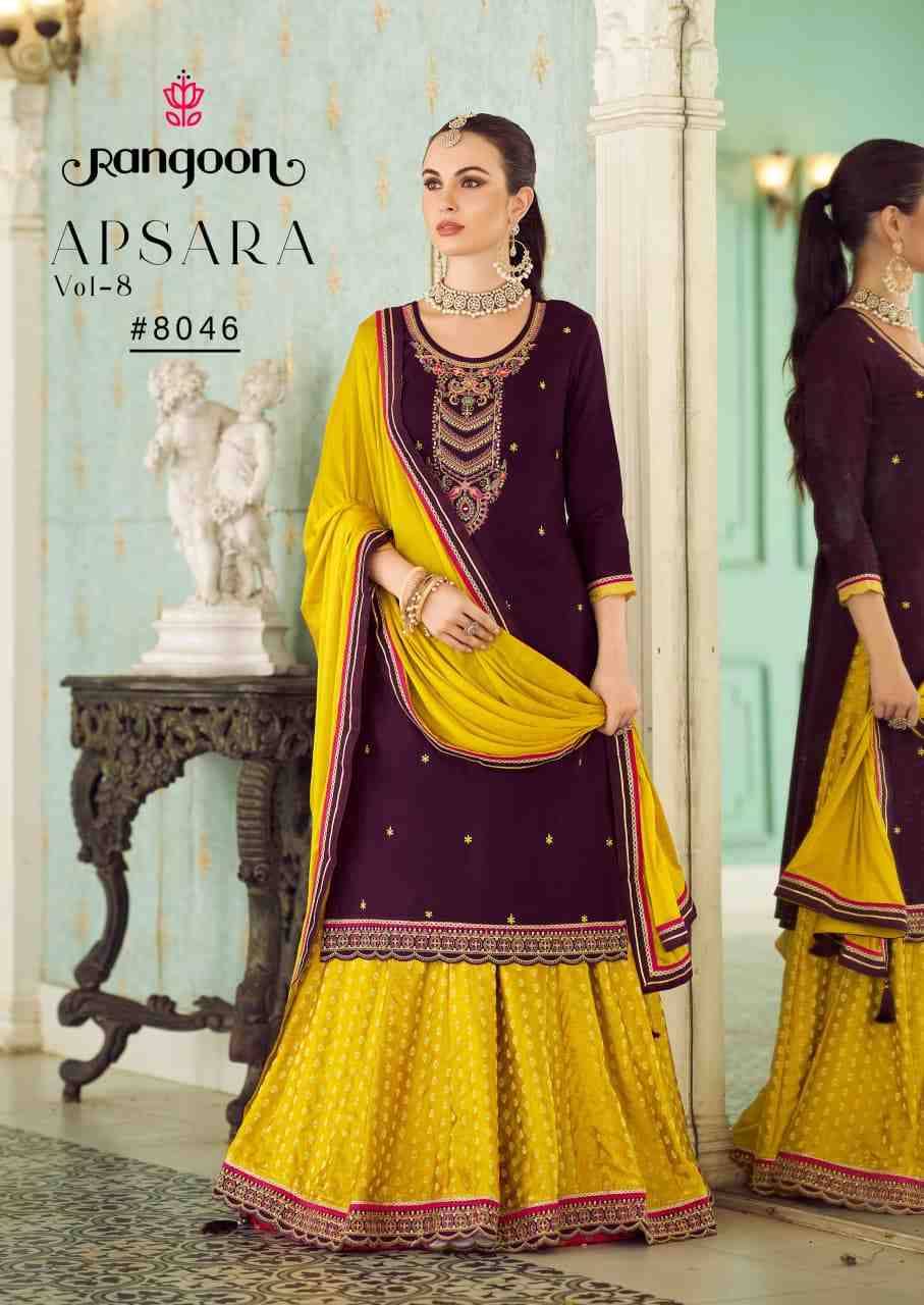 Apsara Vol-8 By Rangoon 8041 To 8046 Series Designer Sharara Suits Collection Beautiful Stylish Fancy Colorful Party Wear & Occasional Wear Jam Silk Dresses At Wholesale Price
