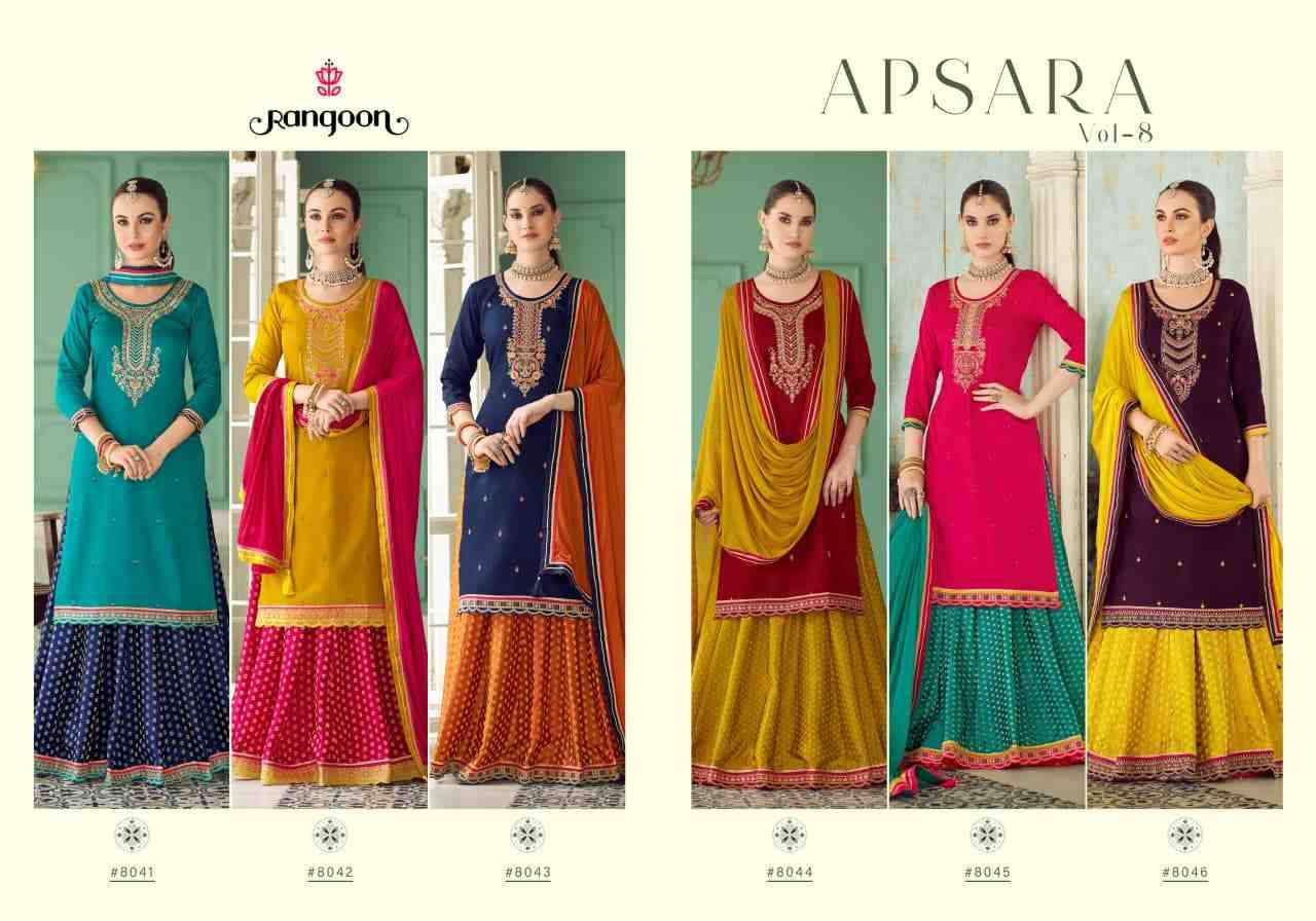 Apsara Vol-8 By Rangoon 8041 To 8046 Series Designer Sharara Suits Collection Beautiful Stylish Fancy Colorful Party Wear & Occasional Wear Jam Silk Dresses At Wholesale Price