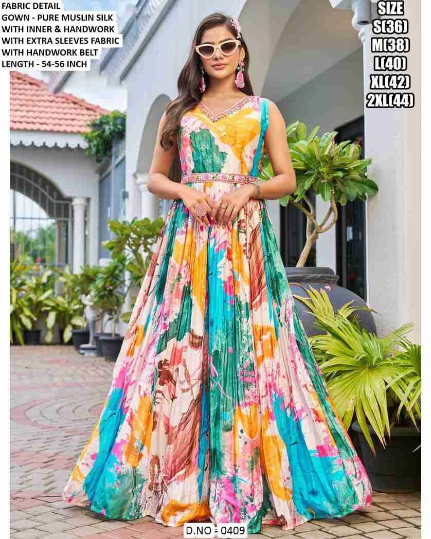 Shikha By Fashid Wholesale 0409 To 0414 Series Designer Stylish Fancy Colorful Beautiful Party Wear & Ethnic Wear Collection Pure Muslin Silk Gowns At Wholesale Price