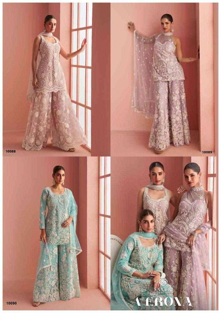 Verona By Sayuri 10088 To 10090 Series Designer Sharara Suits Beautiful Fancy Colorful Stylish Party Wear & Occasional Wear Net Dresses At Wholesale Price