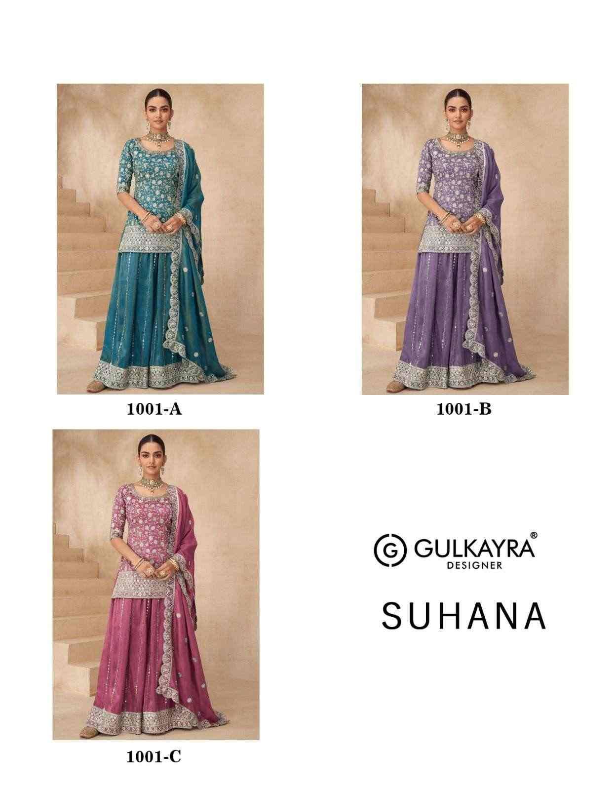 Suhana By Gulkayra Designer 1001-A To 1001-C Series Designer Sharara Suits Beautiful Fancy Colorful Stylish Party Wear & Occasional Wear Simar Silk Dresses At Wholesale Price
