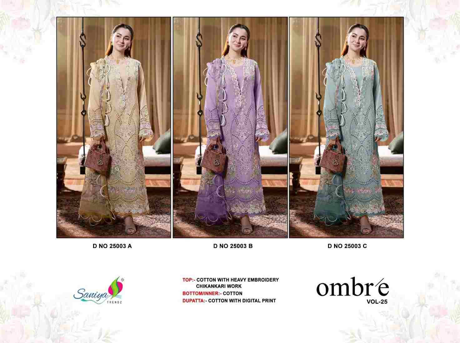 Ombre 25003 Colours By Saniya Trendz 25003-A To 25003-C Series Beautiful Pakistani Suits Colorful Stylish Fancy Casual Wear & Ethnic Wear Cotton Embroidered Dresses At Wholesale Price