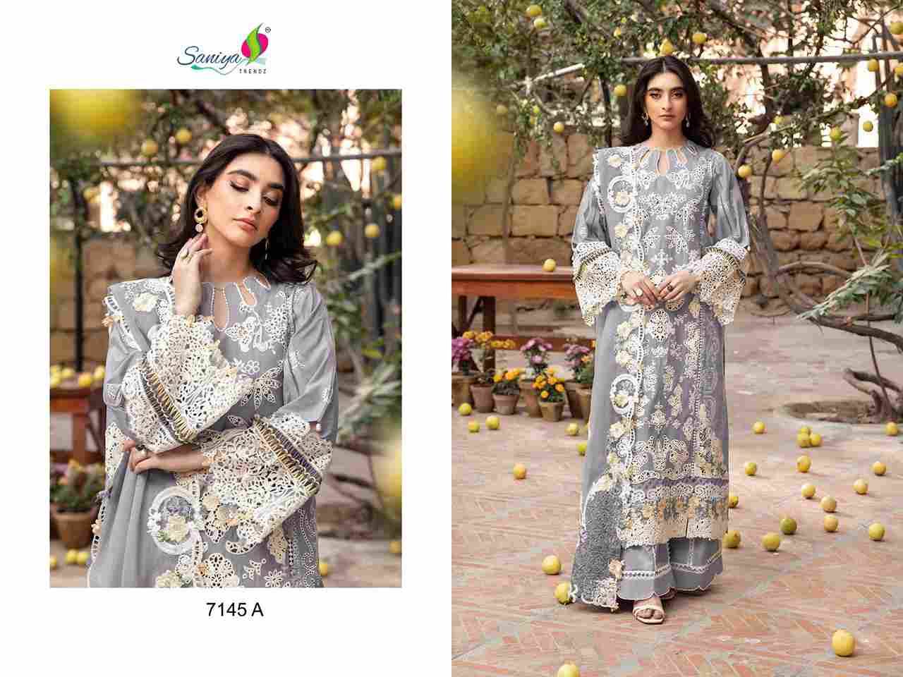 Saniya Trendz 7145 Colours By Saniya Trendz 7145-A To 7145-C Series Beautiful Pakistani Suits Colorful Stylish Fancy Casual Wear & Ethnic Wear Cotton Embroidered Dresses At Wholesale Price
