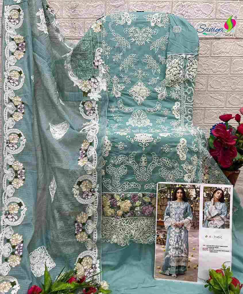 Saniya Trendz 7145 Colours By Saniya Trendz 7145-A To 7145-C Series Beautiful Pakistani Suits Colorful Stylish Fancy Casual Wear & Ethnic Wear Cotton Embroidered Dresses At Wholesale Price