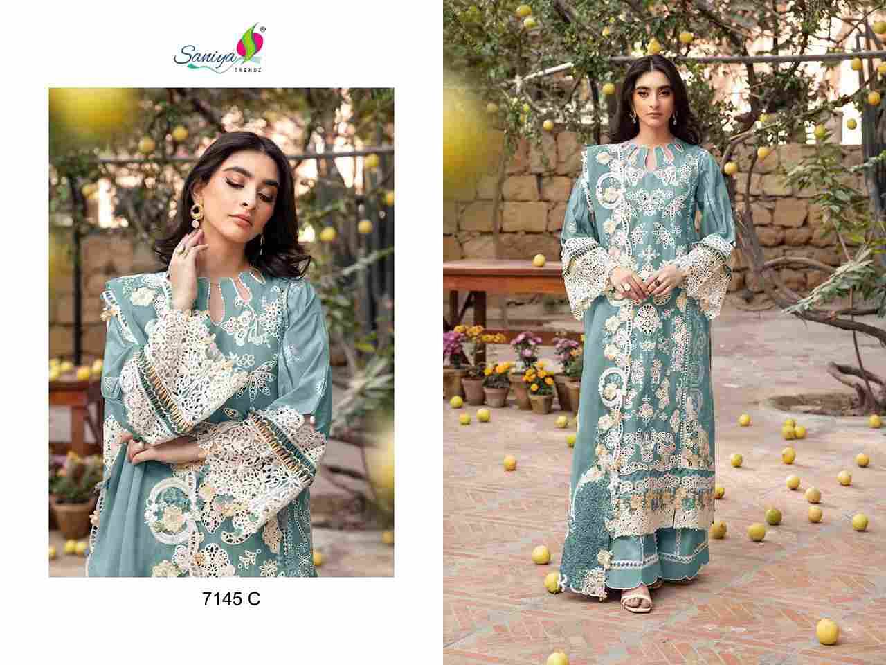 Saniya Trendz 7145 Colours By Saniya Trendz 7145-A To 7145-C Series Beautiful Pakistani Suits Colorful Stylish Fancy Casual Wear & Ethnic Wear Cotton Embroidered Dresses At Wholesale Price