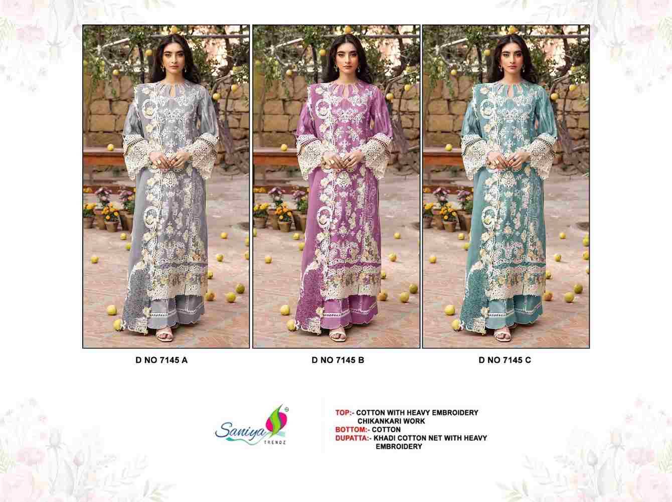 Saniya Trendz 7145 Colours By Saniya Trendz 7145-A To 7145-C Series Beautiful Pakistani Suits Colorful Stylish Fancy Casual Wear & Ethnic Wear Cotton Embroidered Dresses At Wholesale Price