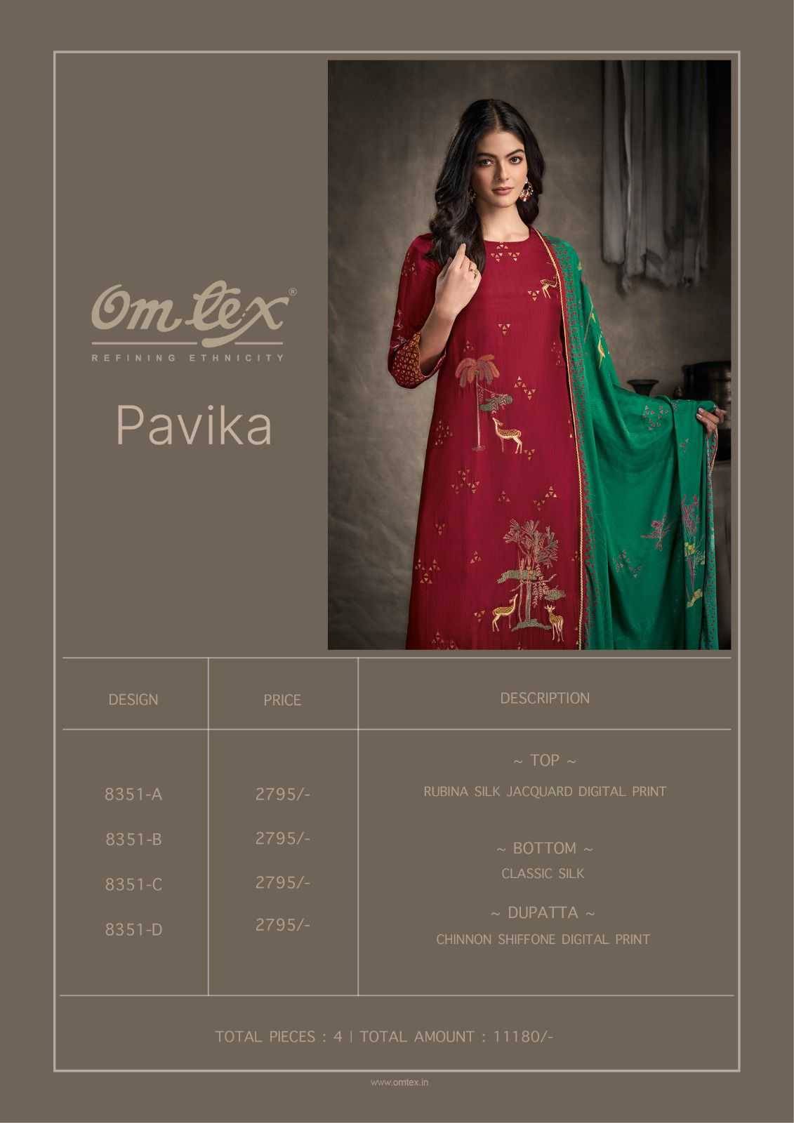 Pavika By Om Tex 8351-A To 8351-D Series Beautiful Festive Suits Colorful Stylish Fancy Casual Wear & Ethnic Wear Silk Jacquard Dresses At Wholesale Price